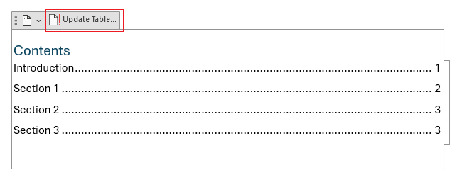 Update Table button on a table of contents in Word